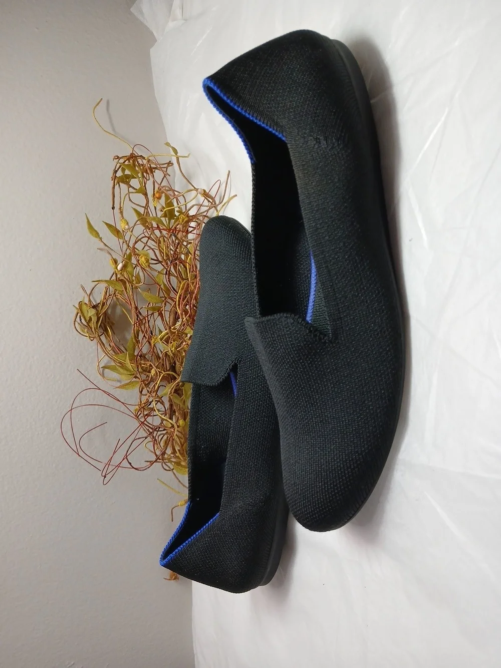 Rothy's Black Knit Slip-On Loafers with Blue Trim